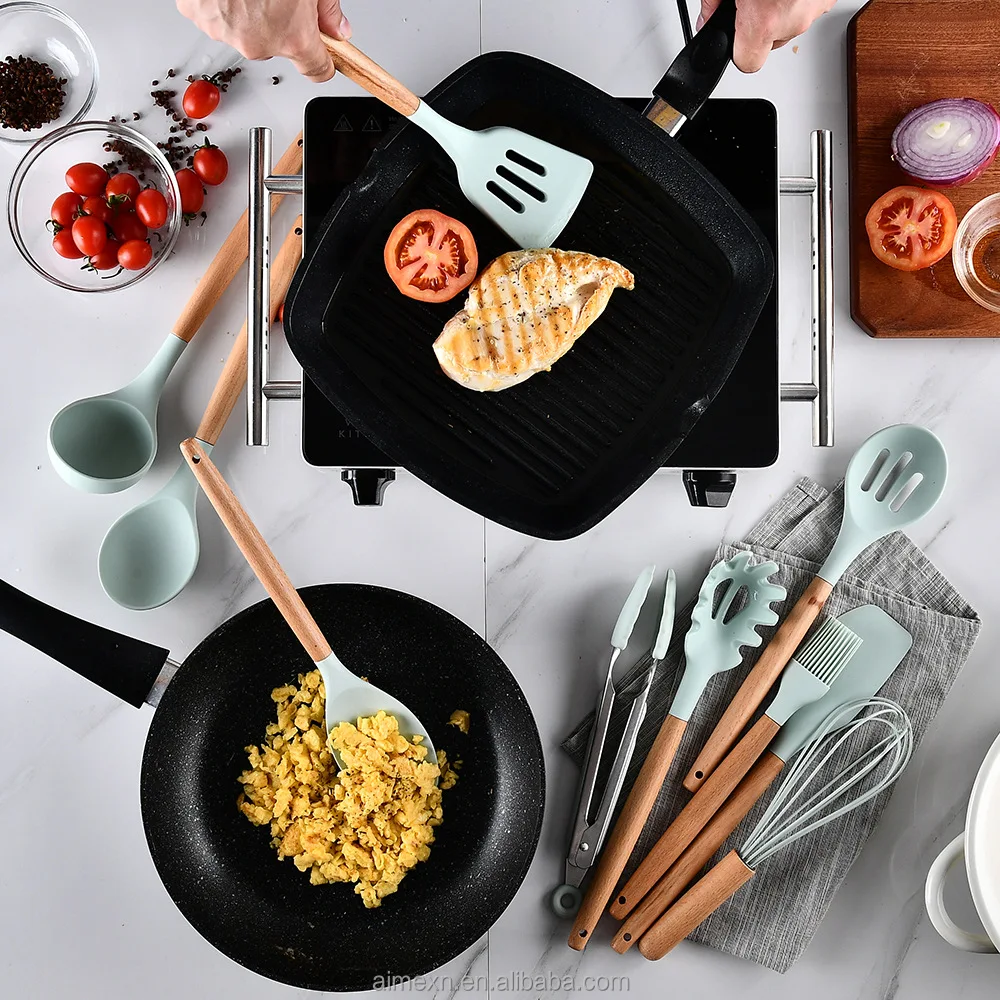 Silicone Kitchen Utensils Set - 11 Pcs BPA Free Cookware with Wooden Handle and Holder