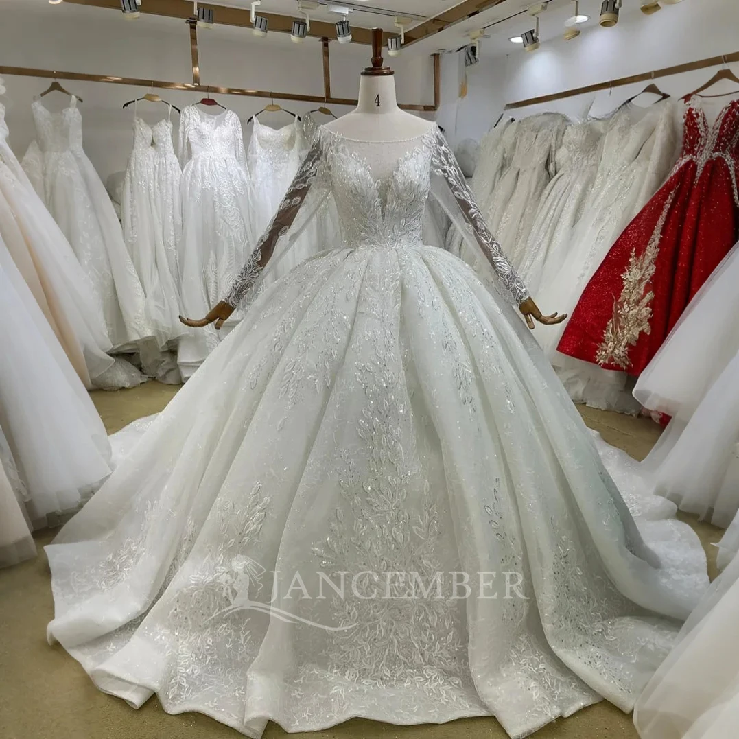 Luxury Princess Wedding Dress Long Sleeve Beaded Pearl Ball Gown Big Train  Bridal Gown Lsbh31