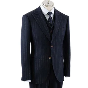 New Fashion Men's Suits 100% Wool Slim Fit Navy Striped Business Style Official Plus Size Zipper Fly Closure Breathable 2 Pieces