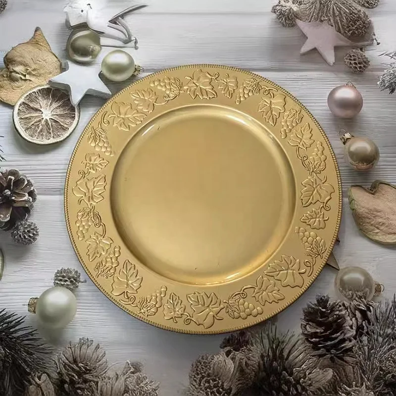 Wedding Party Table Setting Octagonal Plastic Chargers Plate 13 Inch Gold Plastic Dinner Plate