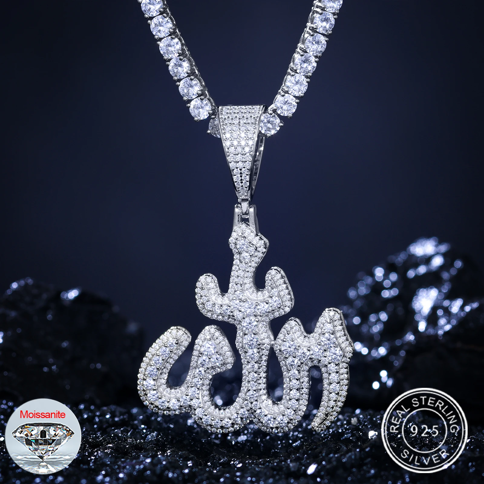 Bling Religious Jewelry 925 Sterling Silver VVS Moissanite Diamond Iced Out  Islamic Allah Pendant for Muslim Men Women