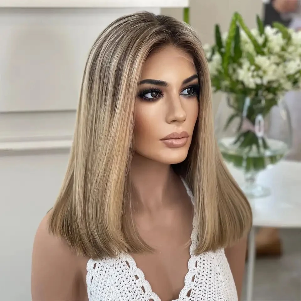 Bleach Knots Short brown bob Lacefront Wig Brown Highlight Bob Glueless Human Hair Lace Front Wigs - TBA014 main image 3