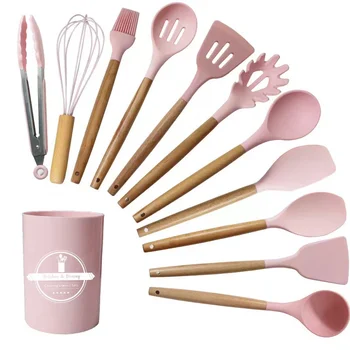High quality Natural Wood Cooking Tool Silicone Kitchen Utensil Set 12 Pieces Silicone Kitchen Accessories Kitchen Cooking Tools