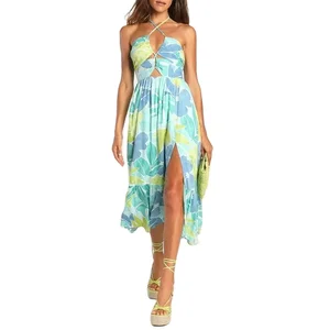 Custom High Quality  Summer Causal Dress Sleeveless Polyester Hollow Open Back Floral Skirt Side Split Sling Sexy Midi Dress