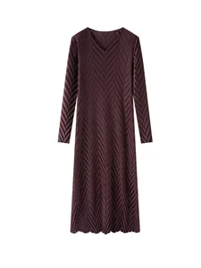 Miyake High-class V-neck Stripes Dress Elegant Commuter Vintage Anti-Static Long-sleeved Mid-length Women's Spring New
