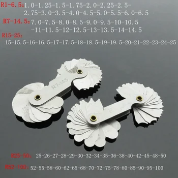 Radius Gauge, Stainless Steel Feeler Set Radius Fillet R0.3 1.5/ R1 6.5/ R7 14.5/ R15 25/R25 50/R52 100 External Internal Concave Convex Radius