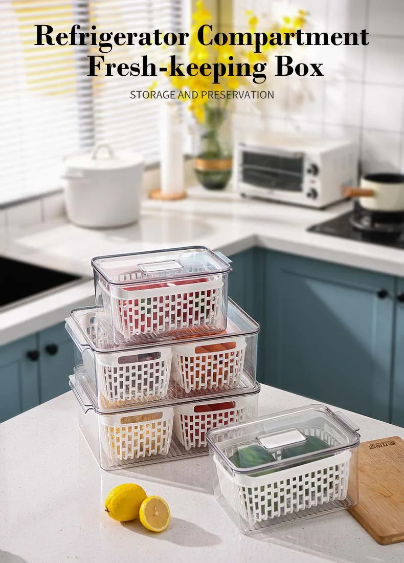 Modern Design Plastic Drain Basket Refrigerator Storage Box Multifunction PP Food Packaging Rectangle Shape