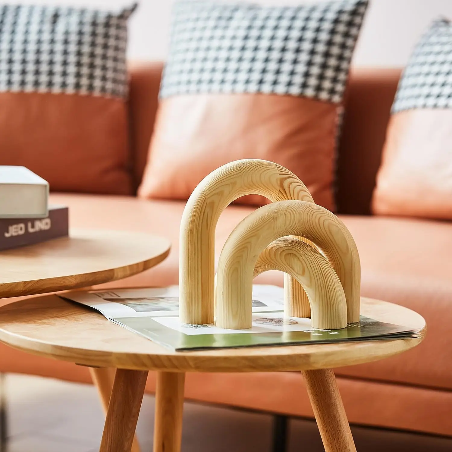 Set of 3 Modern Coffee Table Accents Wood Arch Decorative Objects Round Bookshelf for Home or Office Gift Made of Pine Wood