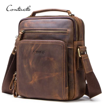 Contact's vintage crazy horse leather 9.7 inch pad genuine leather men anti theft shoulder messenger bag with many pockets