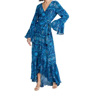 Plus Size Casual Ladies Autumn Long Flare Sleeve Bohemia Printing Chiffon Ruffles Maxi Long Women Wrap Dresses