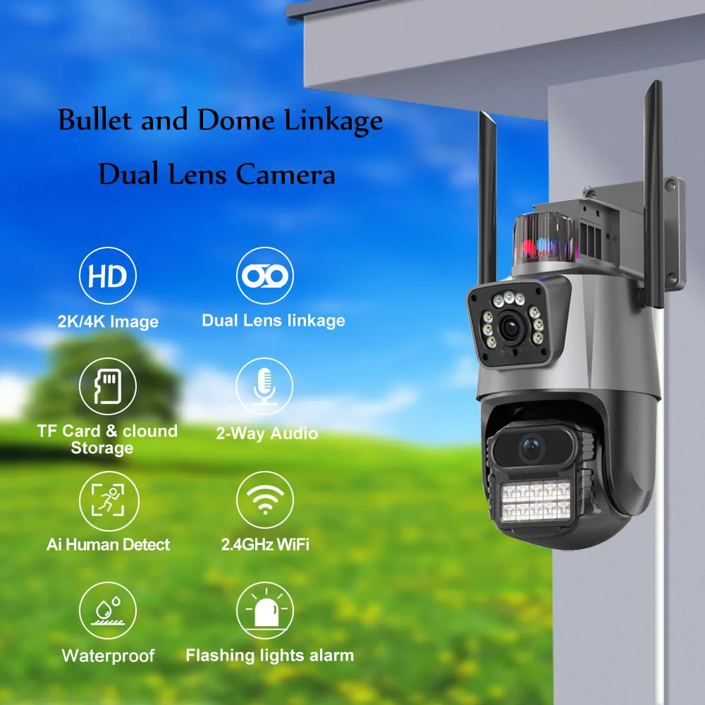 Customized Dual Lens 4K Dual Screen Wifi Ptz Auto Tracking Outdoor Security Ip Camera 6MP Icsee Surveillance Cctv Camera System