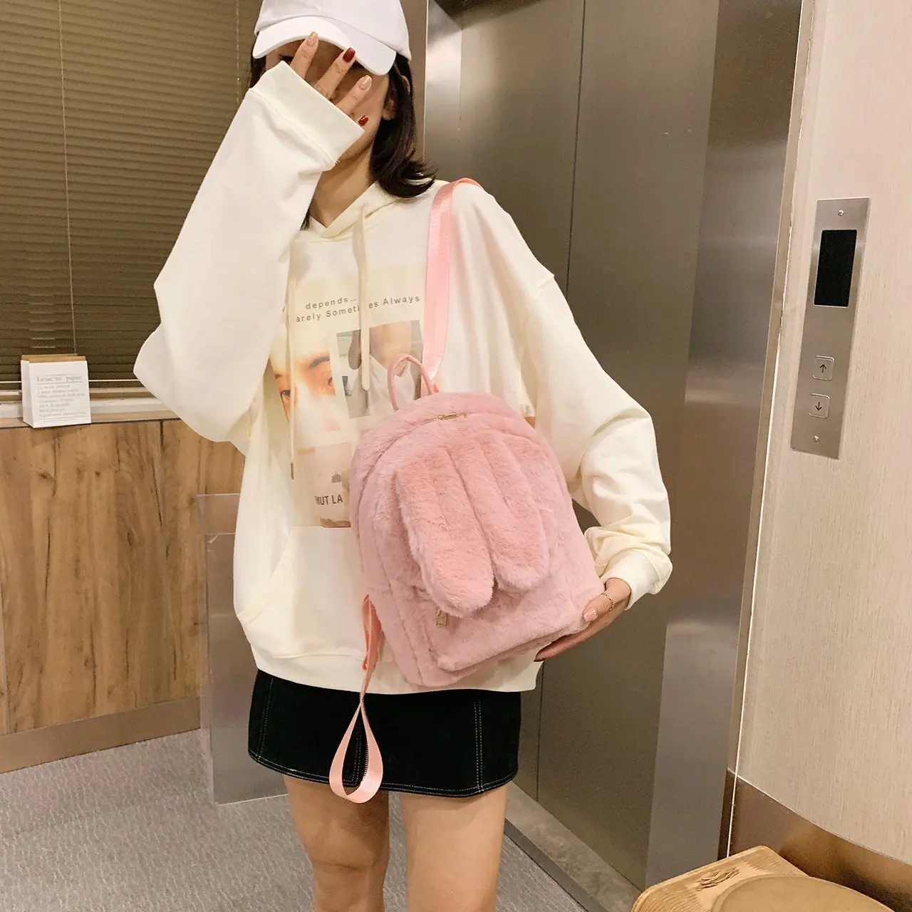 Mellshy Women Cute Rabbit Ears Backpack Fluffy Shoulder Bag School Bag Satchel