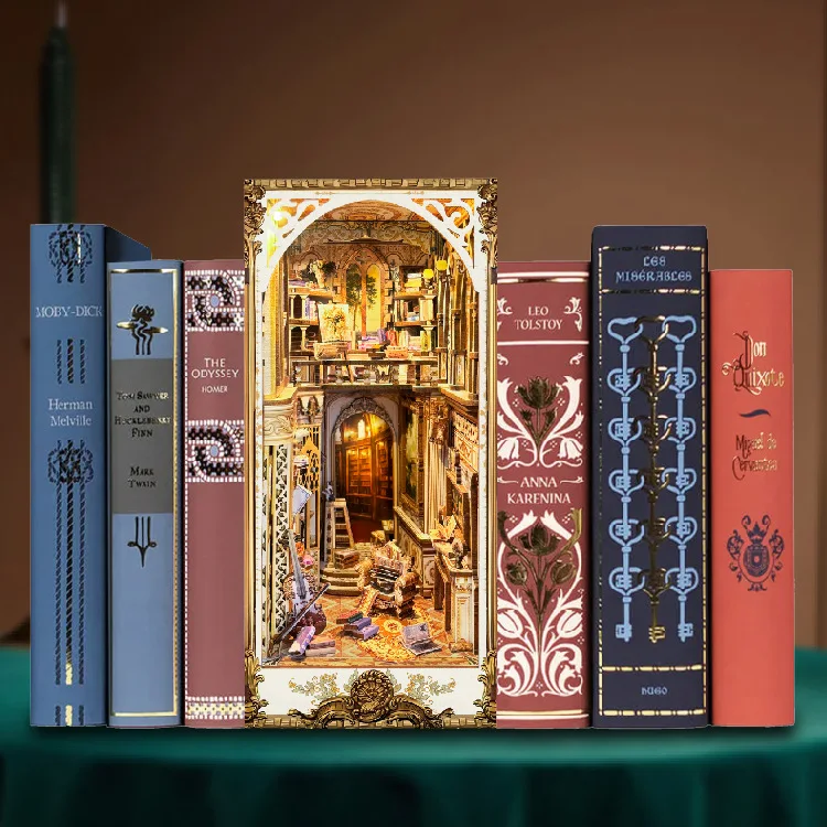 CAYI Royal Court Book Nook Miniature House with LED Light Diy Bookends 3D Wooden Puzzle Dollhouse Bookshelf Insert Decor Craft