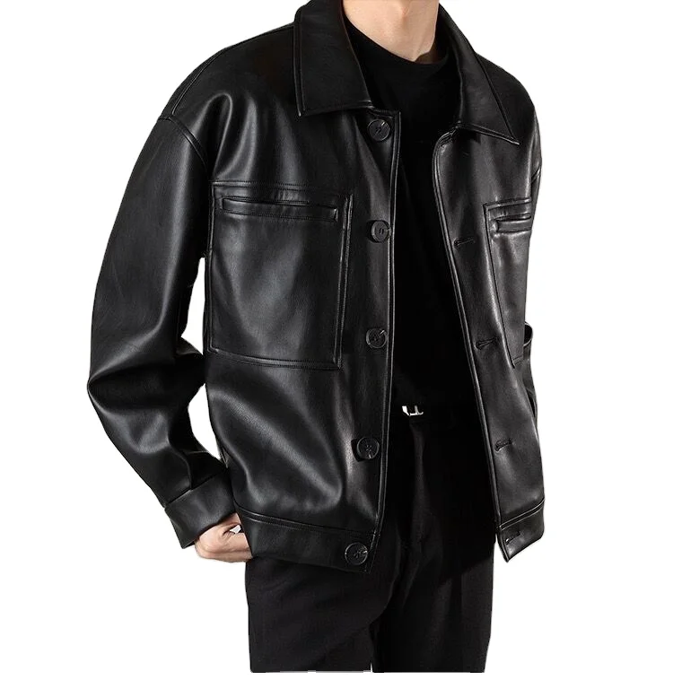 Vinage Men's PU Leaher Jacke Loose Shor Syle wih Crocheed Weave for Spring and Auumn Casual Lapel Moorcycle_voghion.com