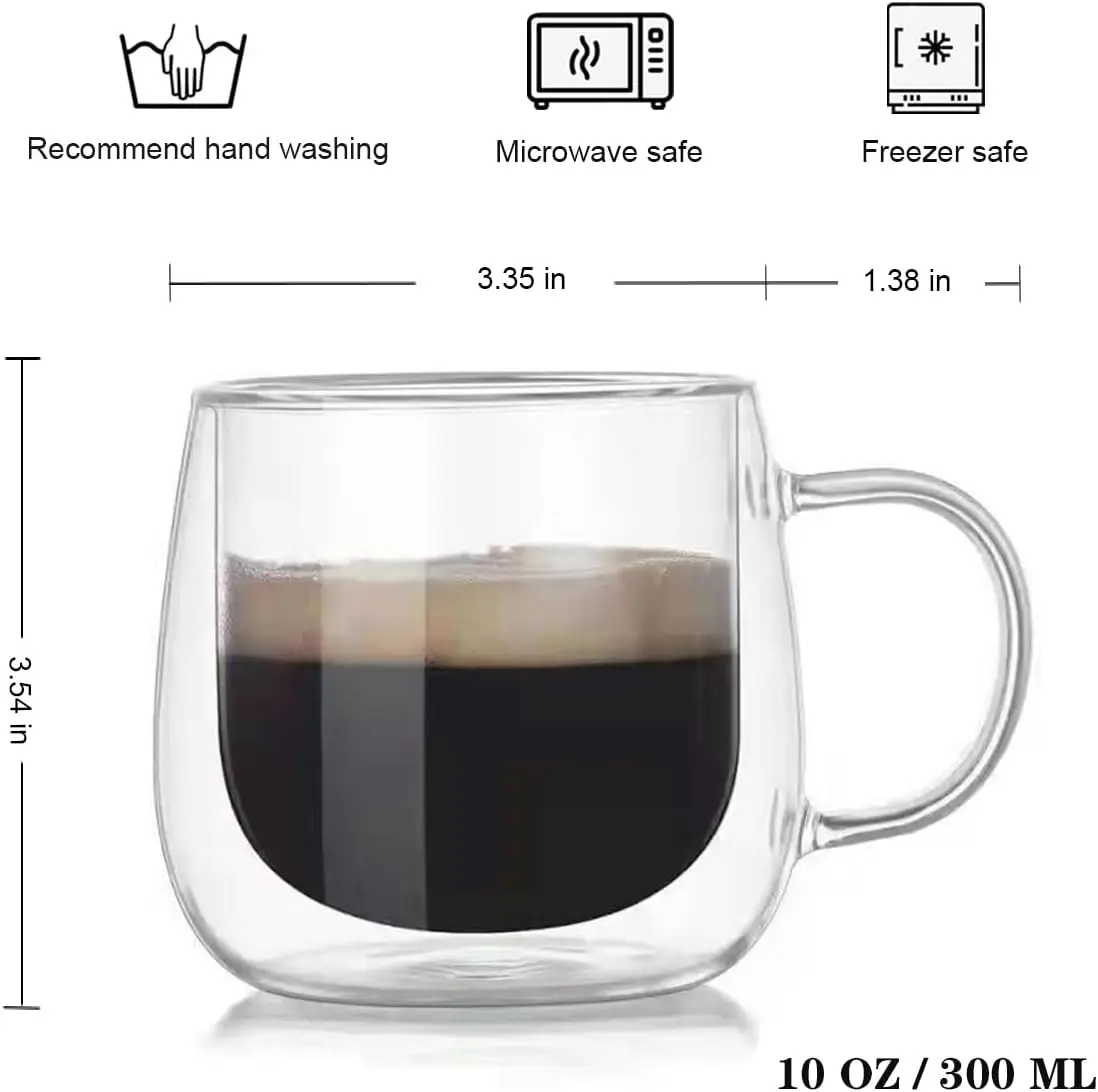 10oz Glass Insulated Double Wall Coffee Mugs Clear Tea Cups Handle  Customizable Logo Eco-Friendly 300ml Espresso Latte| Alibaba.com