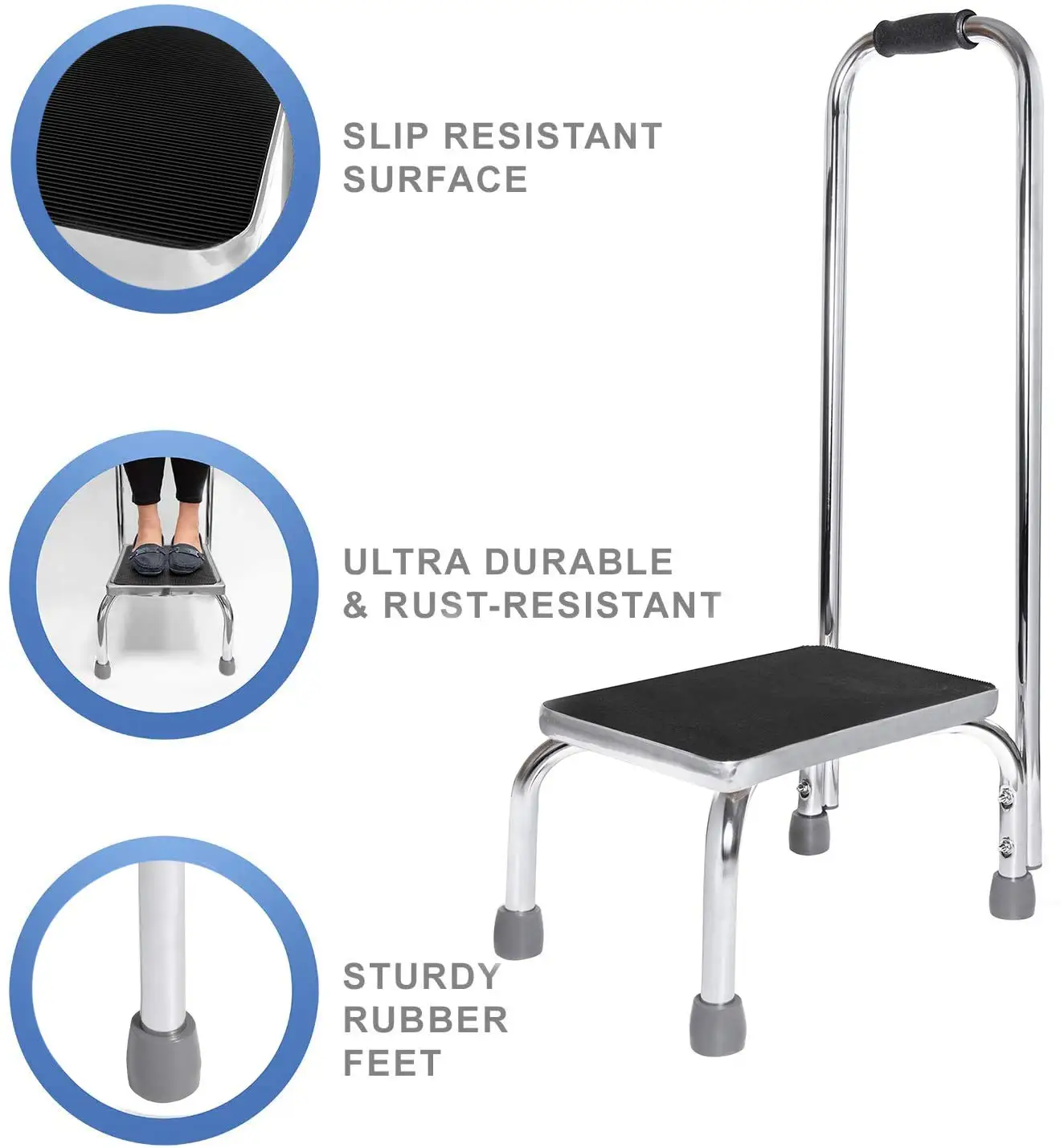 Steel Medical Foot Step Stool with Handle and Anti Skid Rubber Platform