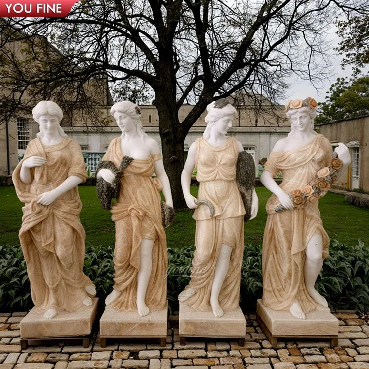 Famous Design Outdoor European Style Hand Carved Mixed Red & White Marble Stone Statue Four Season Gods Sculpture