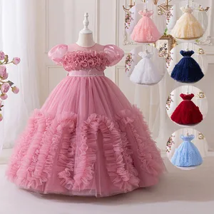 Summer Elegant Ball Gown Dress for Girls Puffy Sleeves Beaded Layers Embroidered Formal for Birthday Celebrations Summer Puffy
