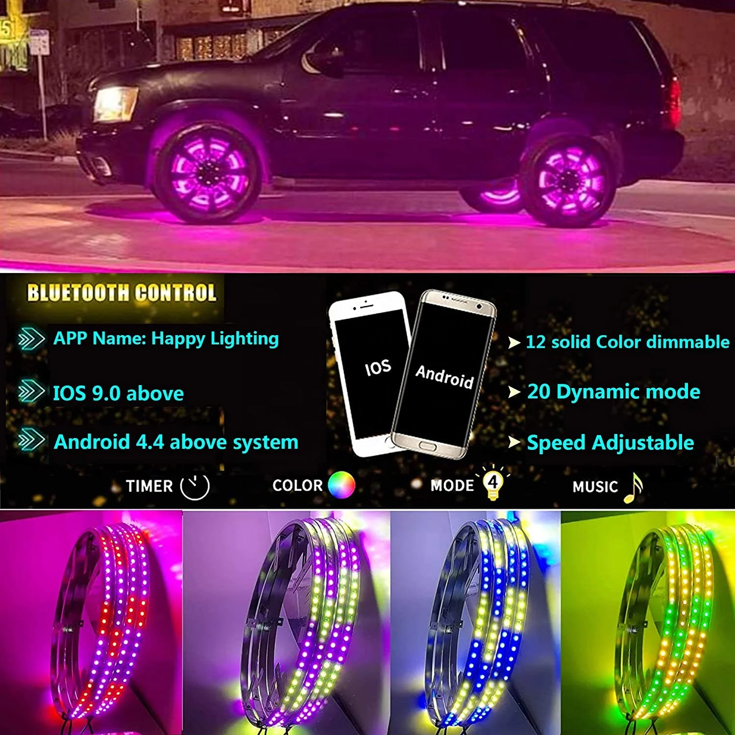Blue-Tooth App Controlled Dream Chasing Colors Flow 15.5 LED Wheel Ring Lights Rim Lights Tire Lights