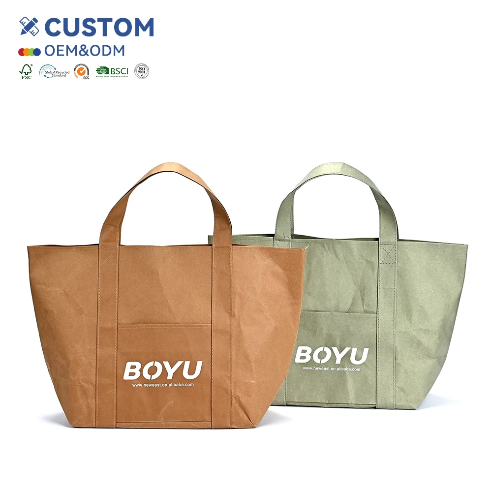 Dupont Medium Daily Use Paper Tote Bag Single Shoulder Handbag Washable Kraft Cotton Linen Lining Durable Natural Ecobags Letter