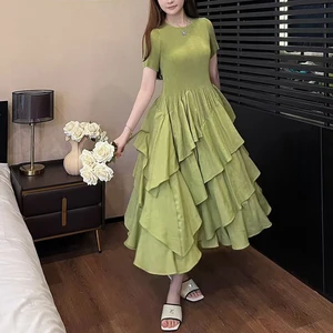 Chic Pleats Women's Fashion Dress High Quality Solid Color Stretch Casual Irregular Dress Miyake Pleated Dress Polyester Fabric