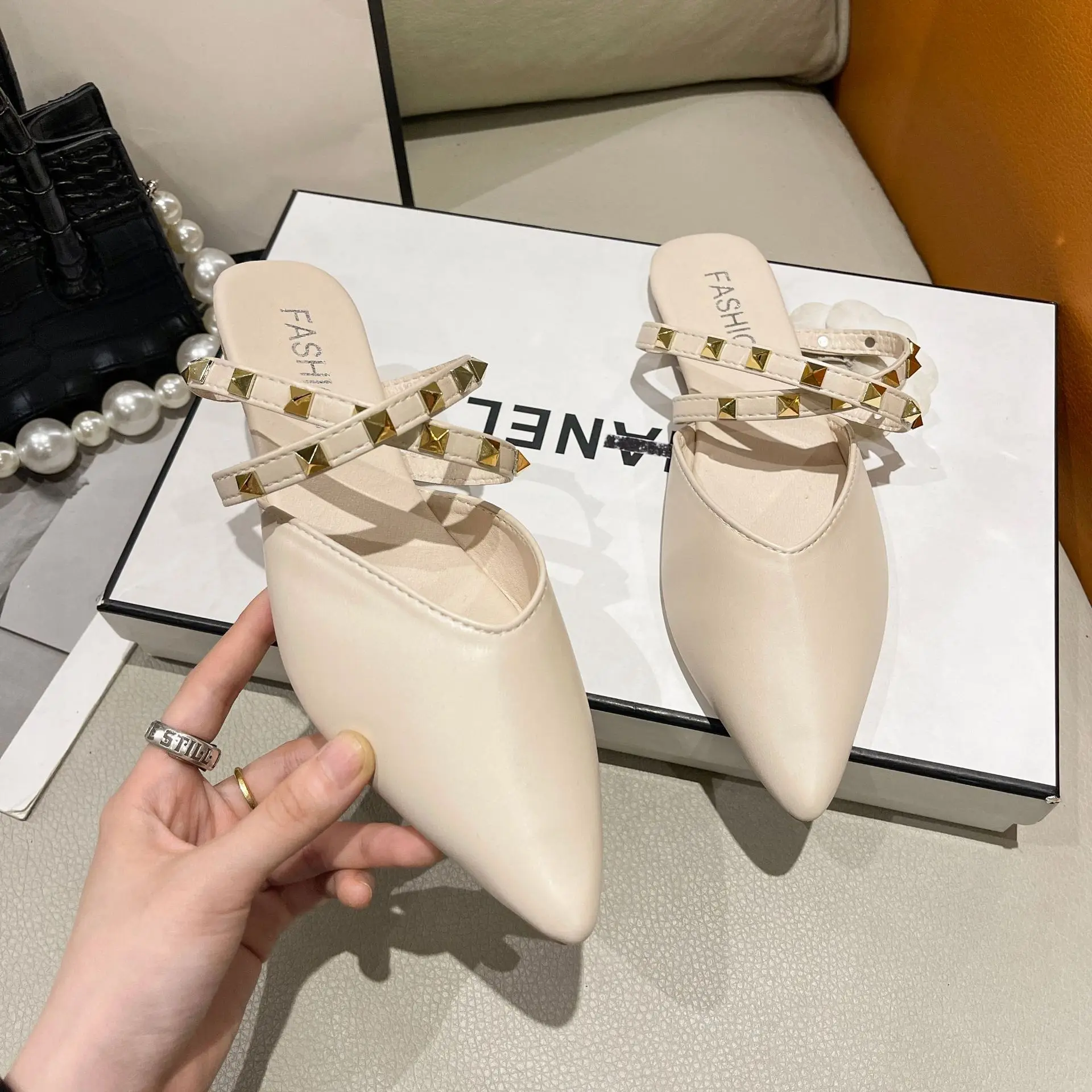 Pointed head flat with rivets large size half slippers summer new fashion slippers woman
