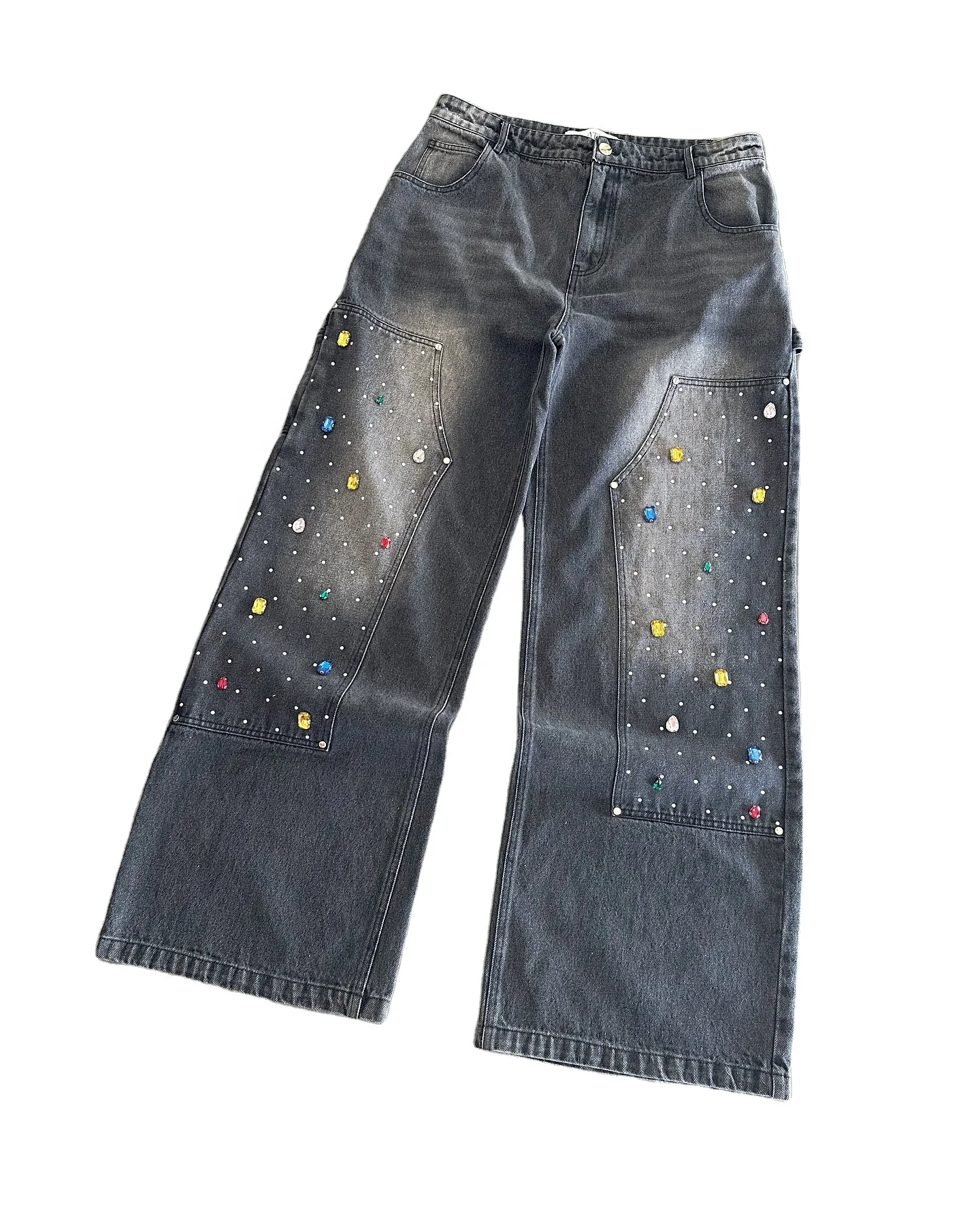 Custom Designer High Waist Rhinestone Oversized Wide Leg Acid Wash Distressed Baggy Carpenter Flare Jean Pant Denim Jean for Men gallery 3