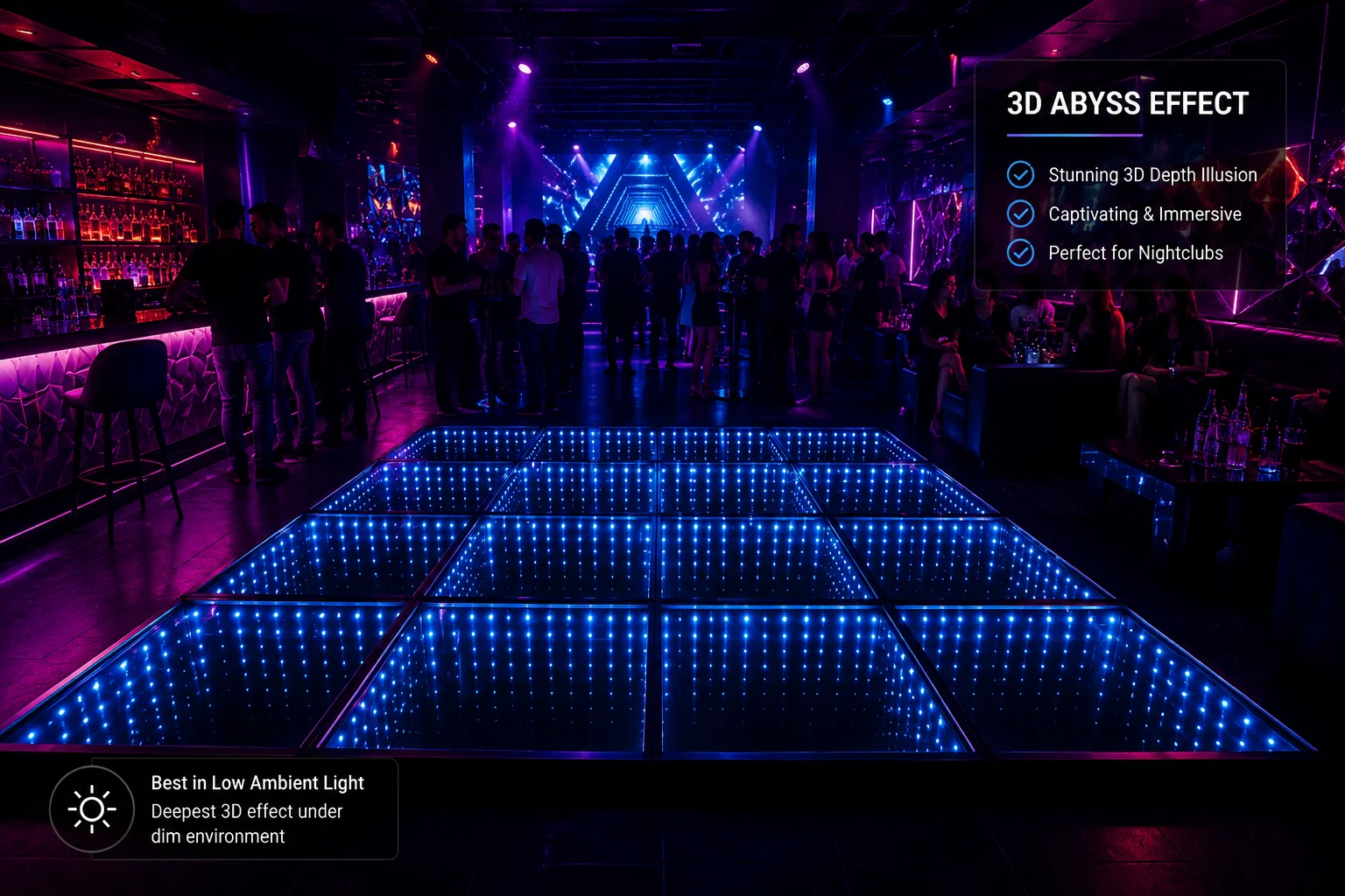 3D abyss LED dance floor creating an infinite depth illusion at a nightclub event