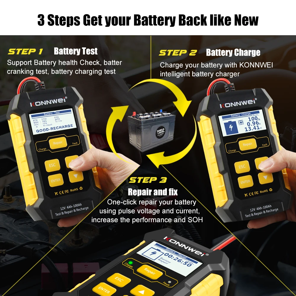 Konnwi KW510 5A Multifunction Battery Charger for Cars Motorcycles Trucks with Built-in Tester and Repair Function