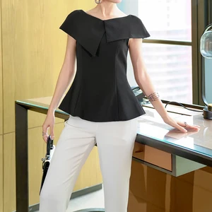 ZYHT 45235 Summer Casual African Solid Woven Blouse Elegant Black Off-Shoulder Peplum Top Asymmetric Collar Simple Ruffles Women