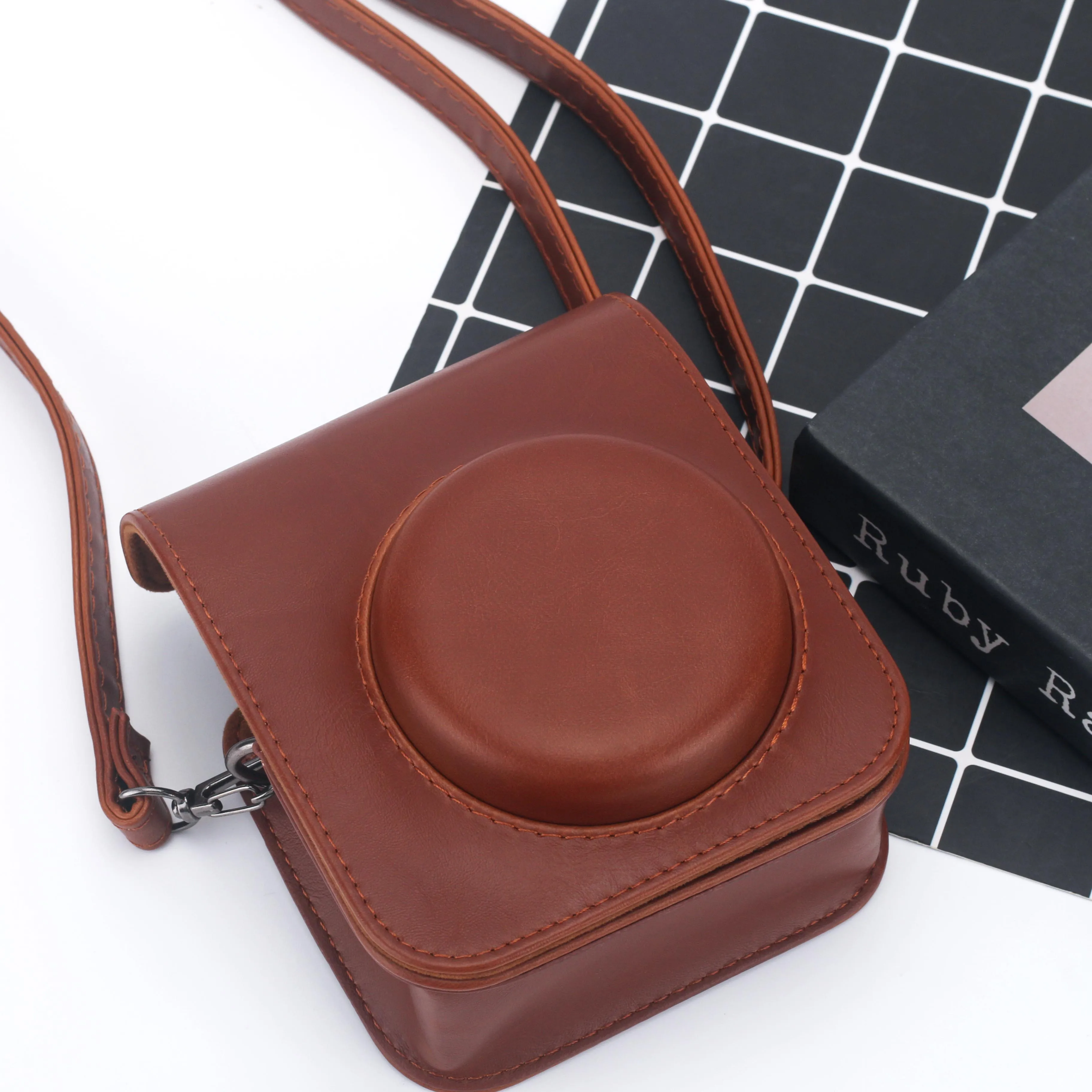 Fuji Instax Mini 12 Camera PU case Magnetic Design Leather Bag with Pocket and Adjustable Shoulder Strap
