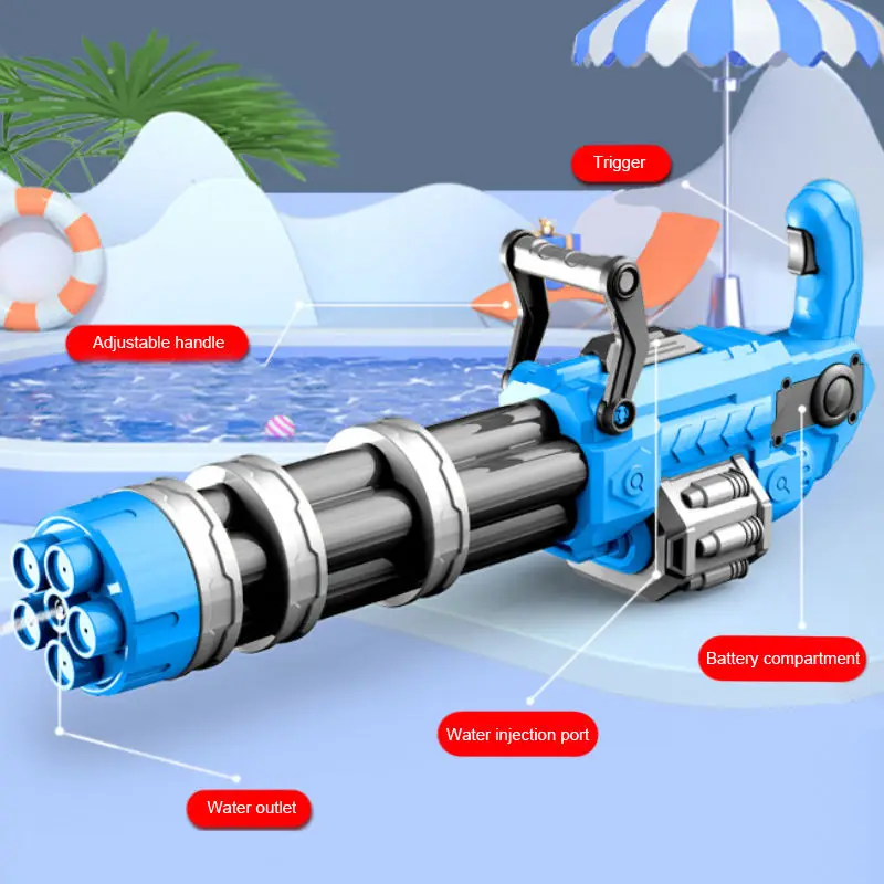 Gatling – Pistolet à Eau Électrique – Double Batterie 2000 MAh – 3 Modes D’Alimentation (400ml, 3000ml, Tuyau) – Portée 8,5-9,7 M – LED – Pour Adultes Et Enfants