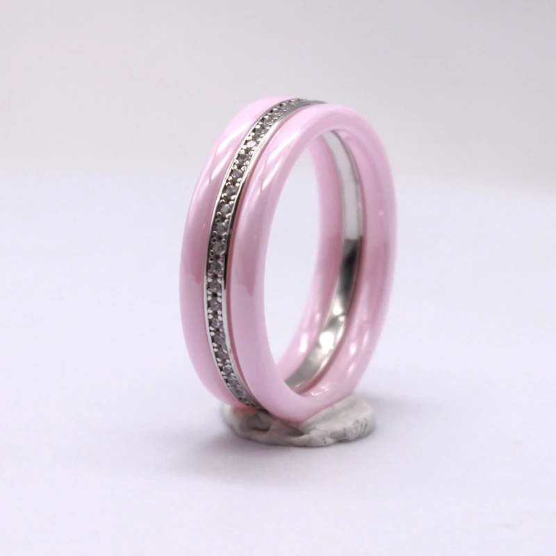 Polished Nano Ceramic Dome Ring with S925 Sterling Silver CZ Diamond Embedded White Gold Electroplated Jewelry Band
