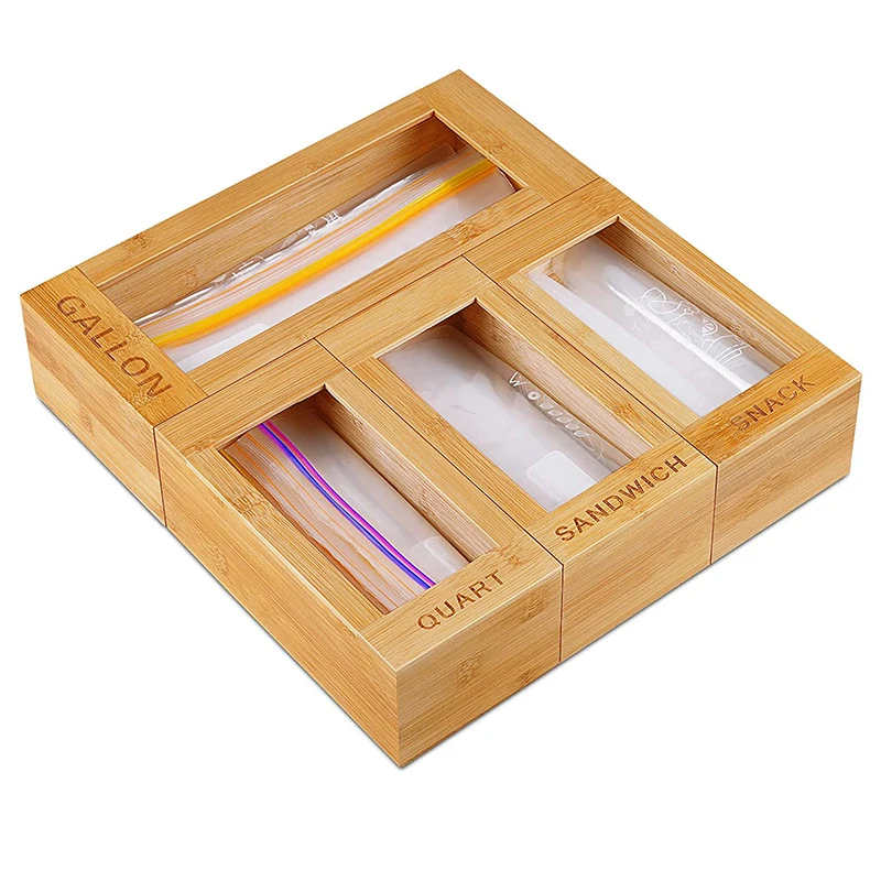 100% Bamboo Ziplock Bag Organizer Kitchen Food Storage Bag Organizer Holder for Drawer,Set of 4 Gallon Quart Snack and Sandwich