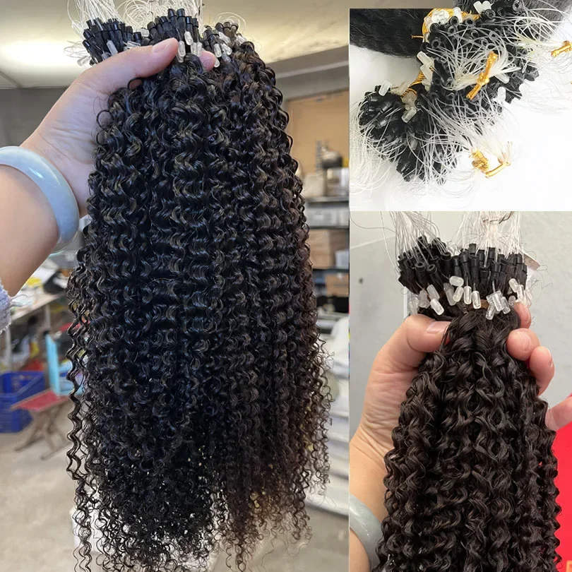 Schwarzbraunes, geknicktes, lockiges Menschenhaar, Mikroschleifenhaar 3a 3b, verworrene, lockige Ringschleifen-Haarverlängerung für Frauen_voghion.com