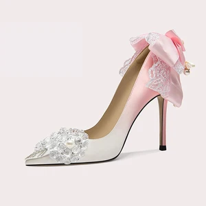 Lily Wei Pointed Toe Satin Stiletto Heels Lace With Pearl Embellishment Comfortable Padded Sole for Bridal Shoes