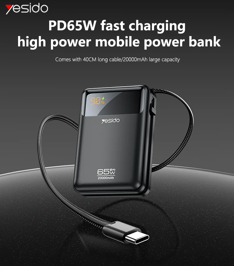Yesido 20000mAh PD65W Fast Charging Digital Display With 40cm Long Type-C Cable Power Bank Rechargeable Notebook YP97
