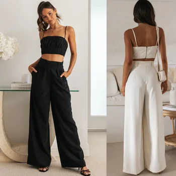 Able Women's Solid Color Sleeveless Halter Short Backless Top and Long Straight Wide Leg Pant Clothes Sets