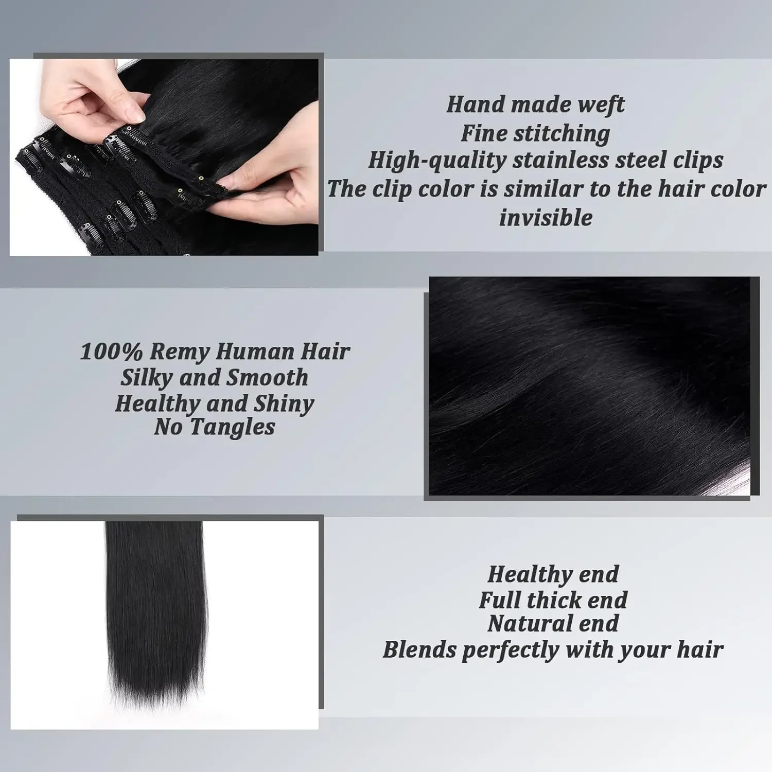 Grampo de cabelo liso brasileiro Remy em extensões de cabelo humano preto 1 cor 8 peças conjuntos cabeça inteira para mulheres_voghion.com