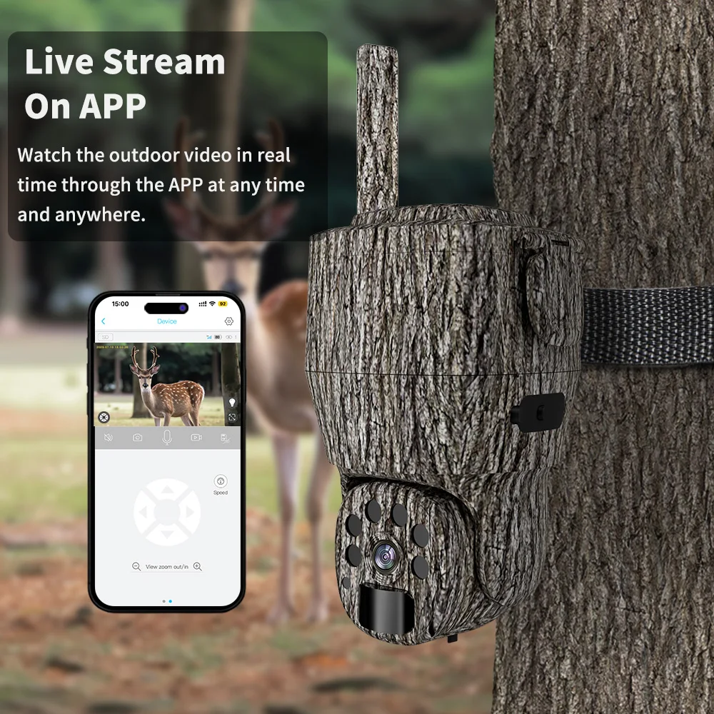 Cámara de Caza y Vigilancia PTZ 4G LTE con Transmisión en Vivo para Exteriores, Batería Recargable de 20800mAh, para Fauna Silvestre con Panel Solar