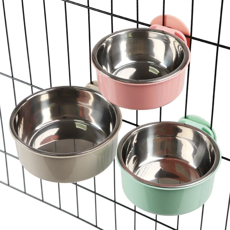 SLSON Cuenco para jaula colgante de doble alimentación 2 piezas y cuenco para perros 2 en 1 de acero inoxidable para alimentos para animales domésticos y comederos para agua