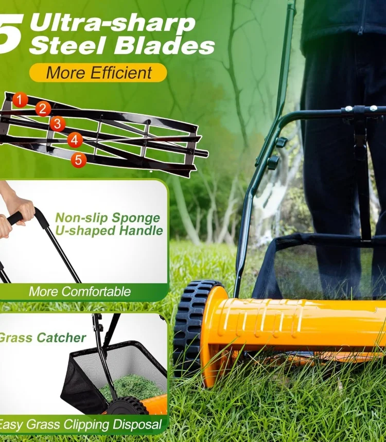 Gardening Tool Push Reel Walk-Behind Steel Lawn Mowers with Multiple-Blade 4-Position Cutting Height Adjustment