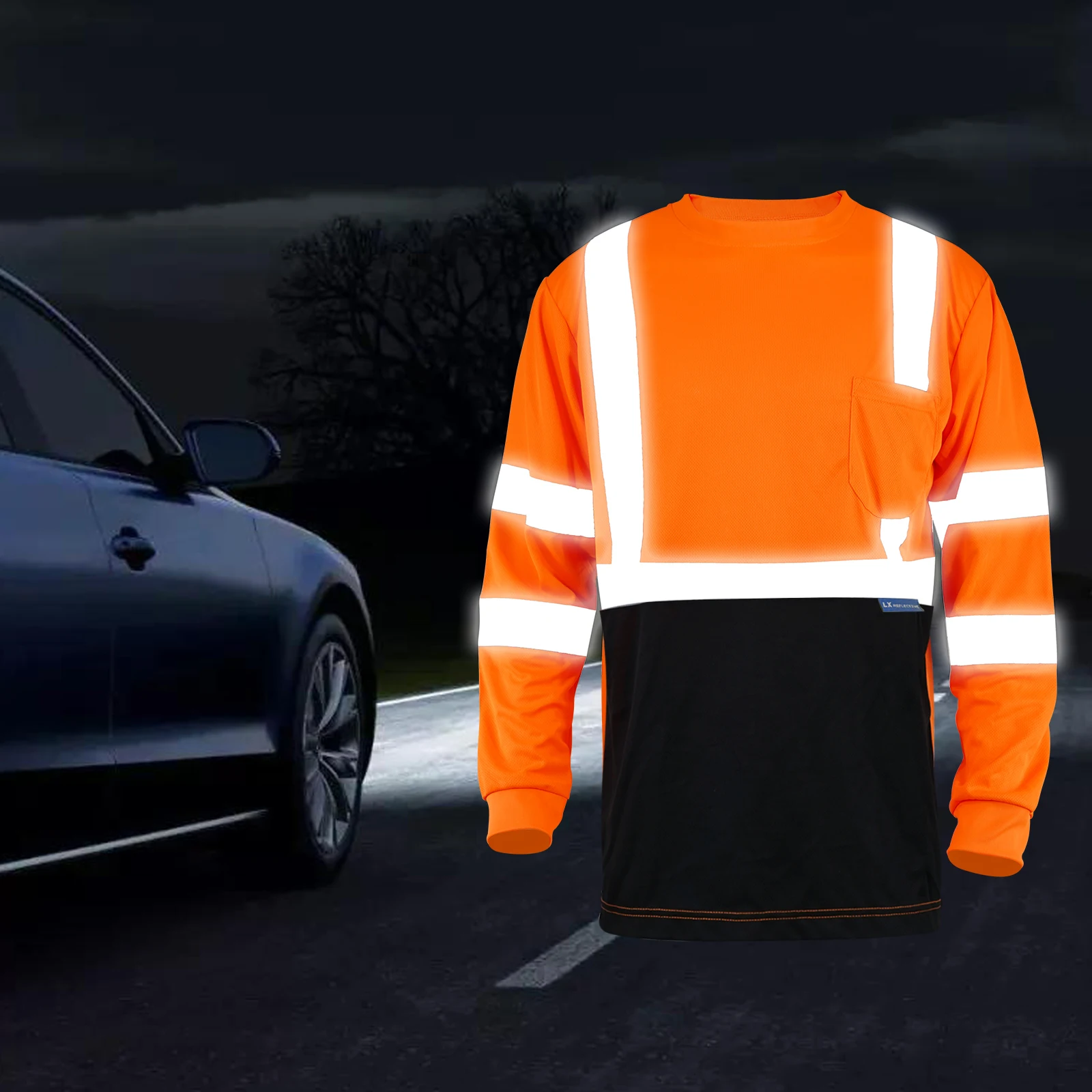 LX Stock Hi Vis Reflective Shirt Orange Black Long Sleeve Safety T Shirt Low MOQ Custom Logo Safety T Shirt for Man
