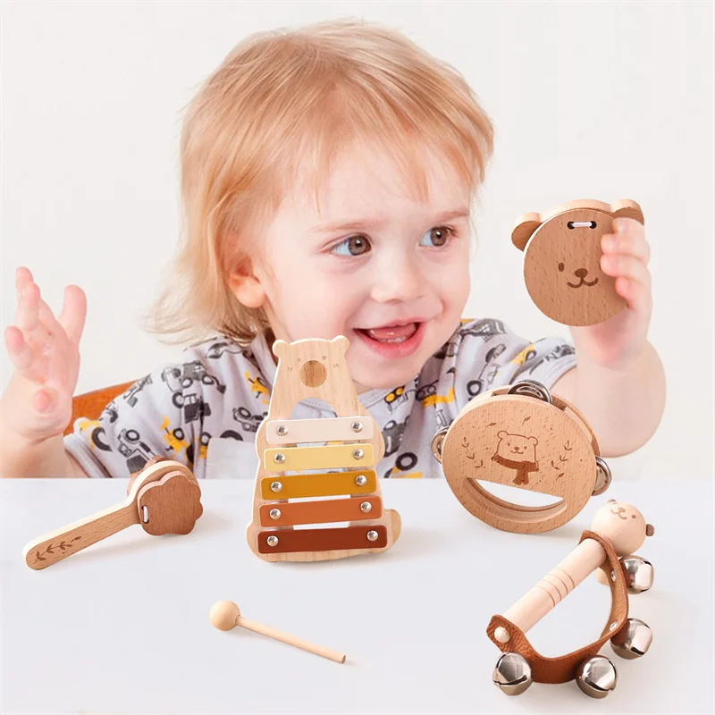 Set of 5 Bear Music Instruments Wood Percussion Piano Combination Educational Toy for Children