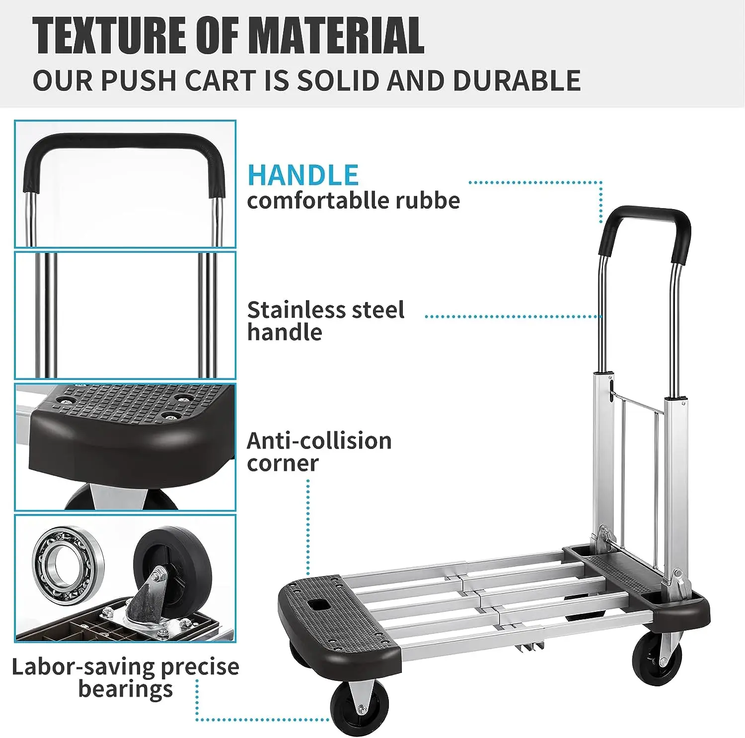 Platform Cart Foldable Push Cart Aluminum Adjustable Length Dolly Cart with Polyurethane Mute Wheel Platform Hand Truck Portable