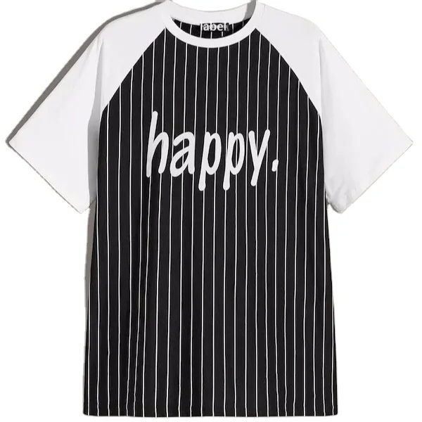 KY HAPPY letter print hot sale fashion crew neck Men Striped And silk screen print raglan short slee