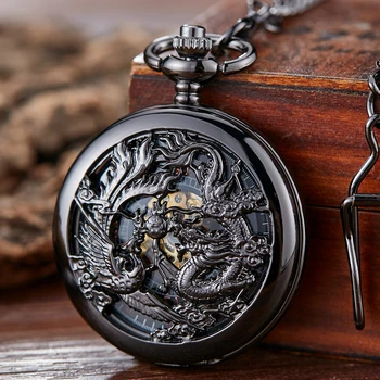 Hot Sale Chinese Style Double Dragon Play Beads Hollow Clamshell Semi-Automatic Mechanical Pocket Watch