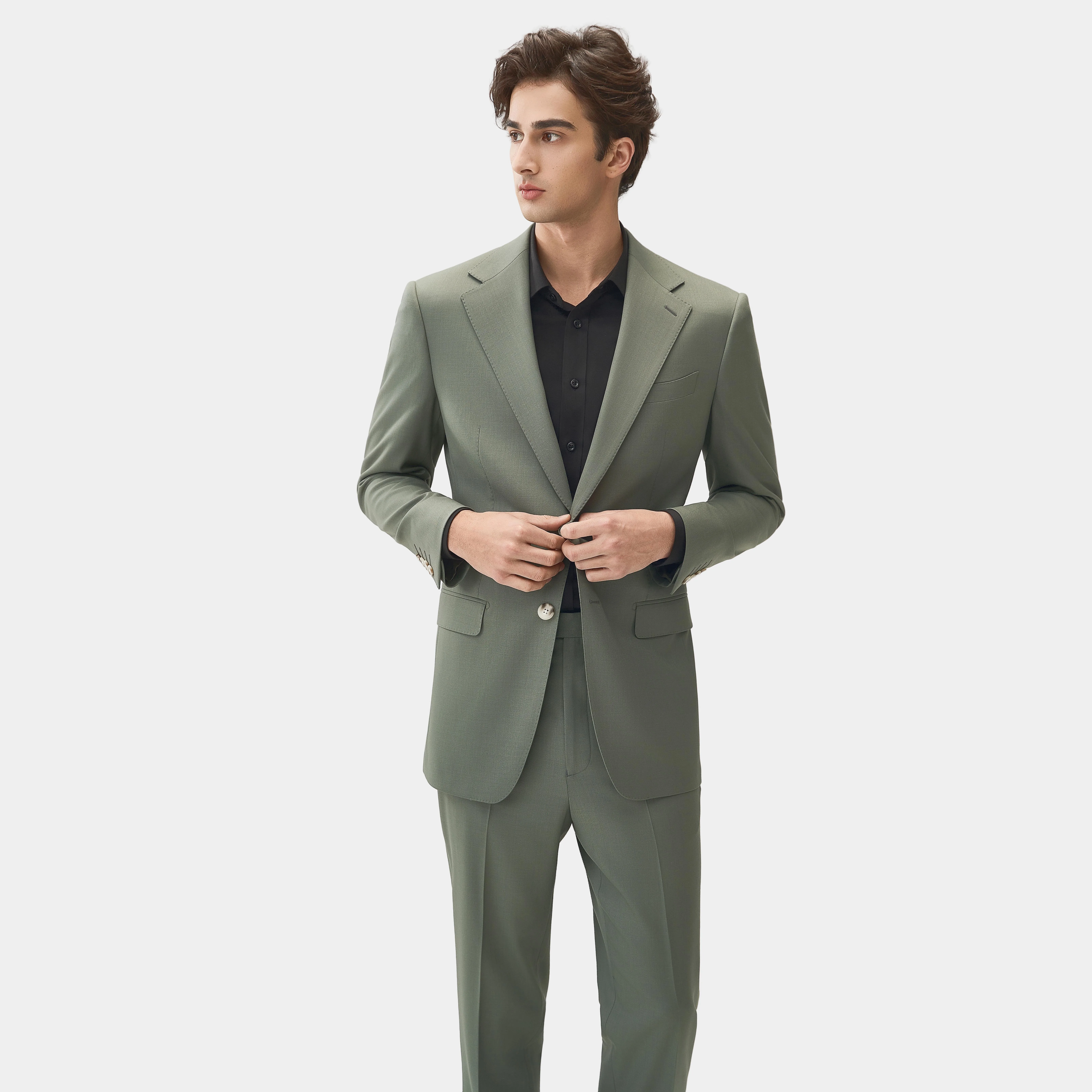 Manufacturer Green Single Breasted Custom Men's Business Suit Set Two-piece Anti-wrinkle Breathable Stretch 68% Wool 29%
