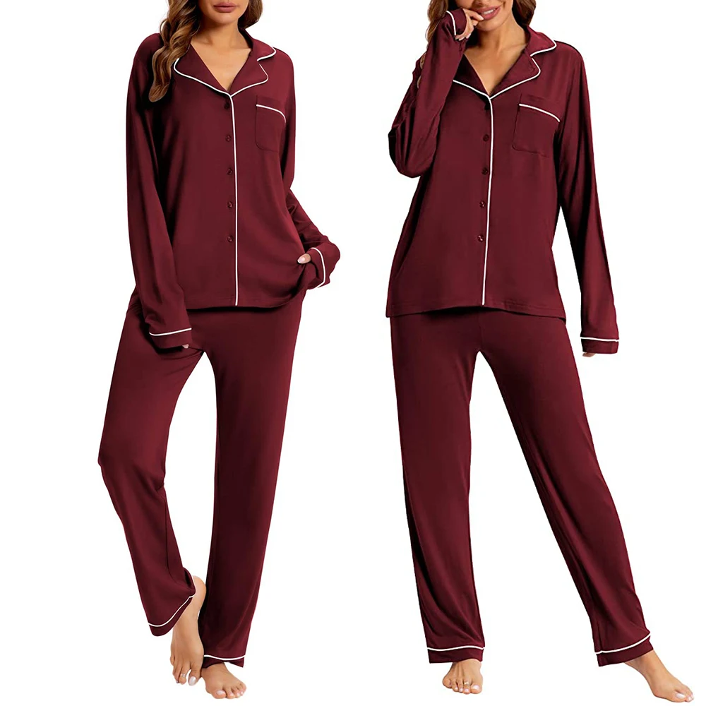 Women's Bamboo Pajamas Soft Notch Collar Long Sleeve Bamboo Sleepwear ...