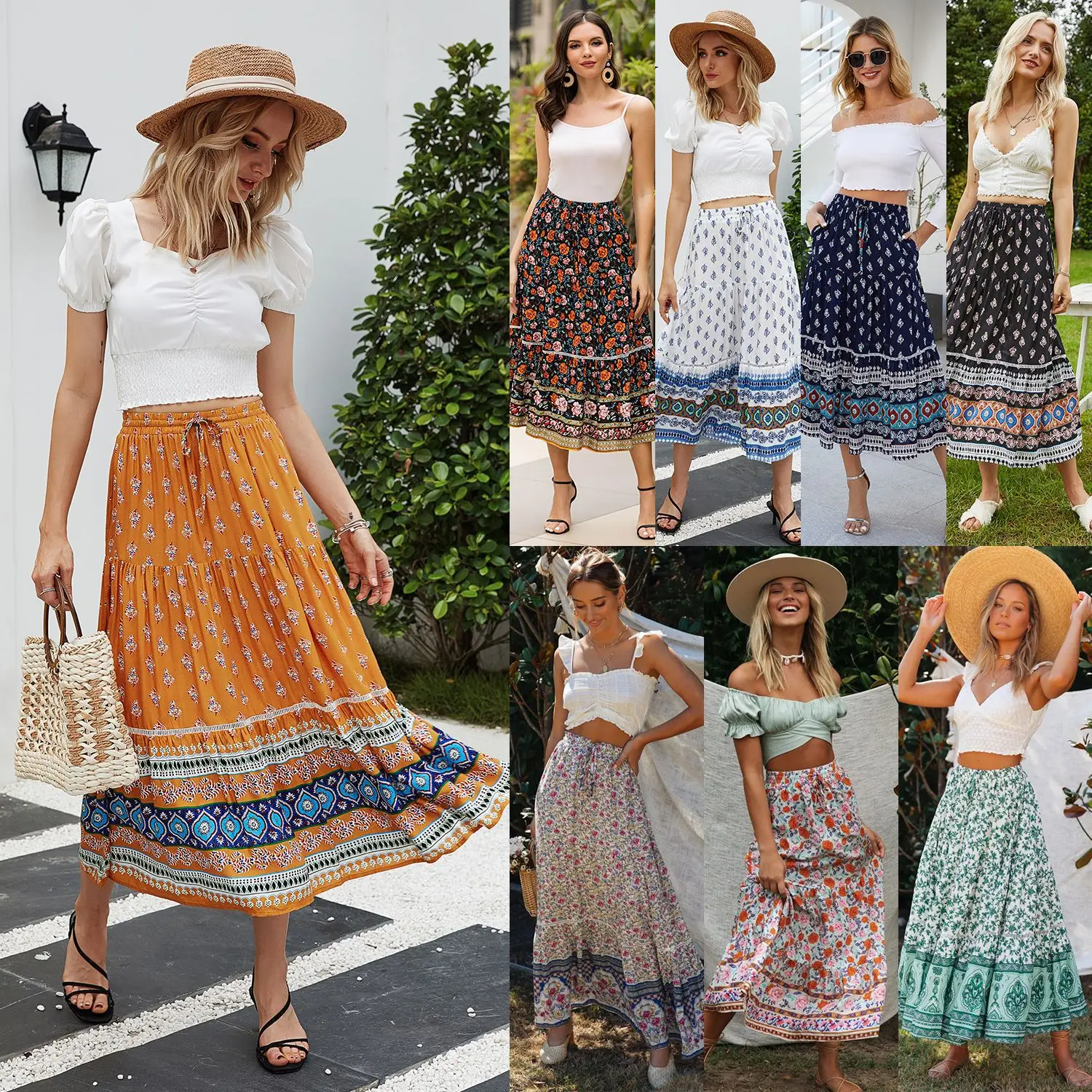Lzr7209 Floral Print Pleated Maxi Skirt 